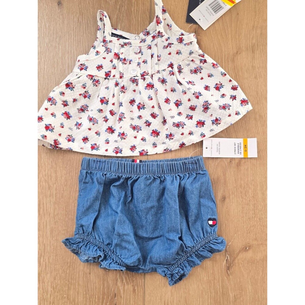 Tommy Hilfiger Baby Girl 2 Piece Floral Dress and Ruffle Jean Bloomers Set 0 3M